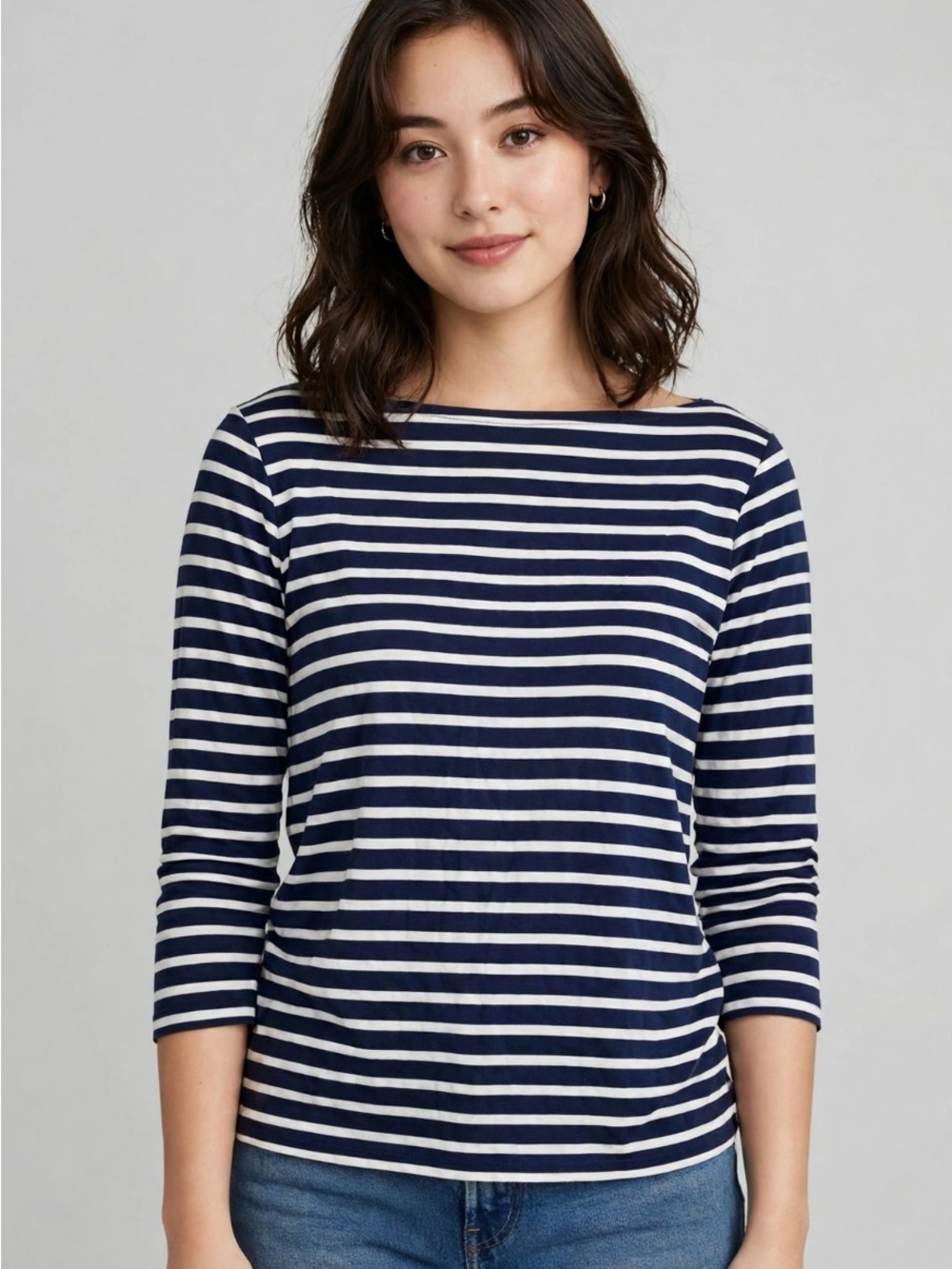 Striped Navy and White Breton Boatneck Women's Top- Long Sleeve Bateau Neck